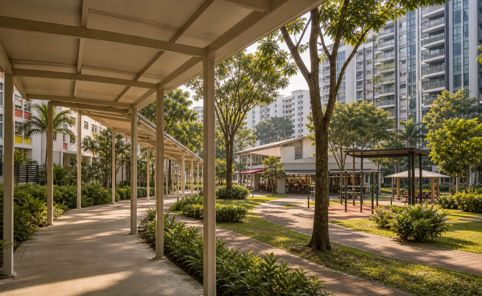 Accessible covered walkway in a green Singapore neighbourhood